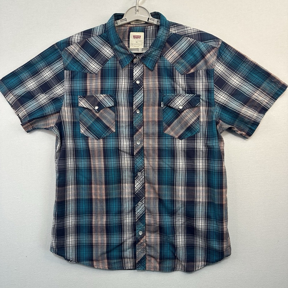 Levi's Pearl Snap Men's Shirt XXL Standard Fit Short Sleeve Blue &‎ Black Plaid